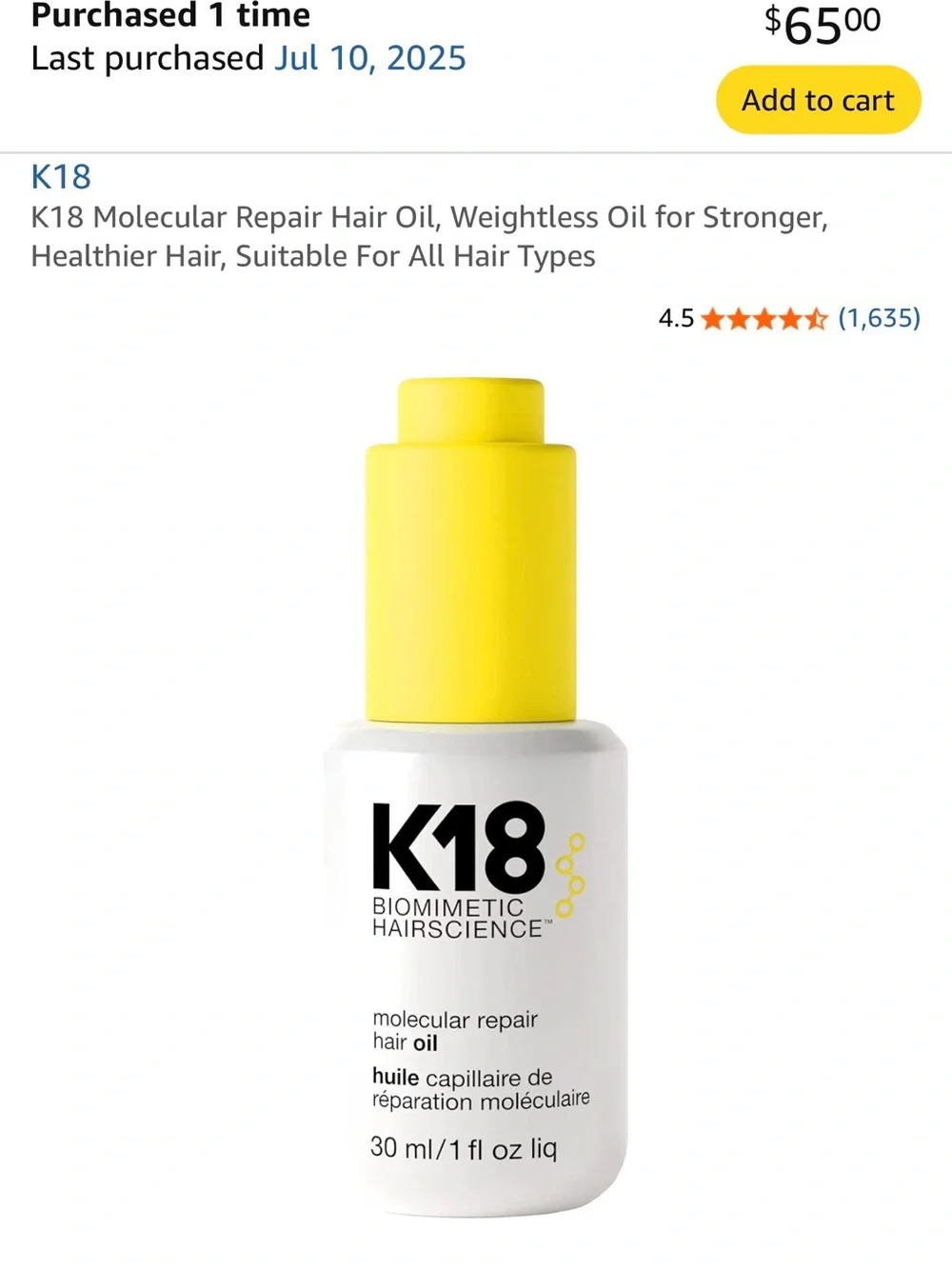 K18 Molecular Repair Hair Oil — 30ml